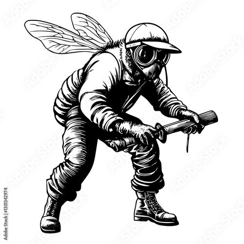 Vector engraved illustration of a beekeeping figure with insect wings, preparing for hive maintenance and honey extraction