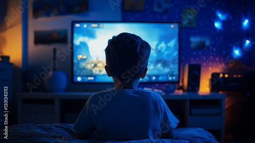 Child Watching Television at Night - A young boy sits in a dimly lit room, engrossed in a video game displayed on a large television screen. The room is decorated with stars
