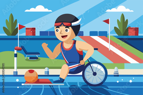 A young swimmer in a blue swimsuit smiles while getting ready to compete at a training pool, Paralympic swimming Customizable Cartoon Illustration