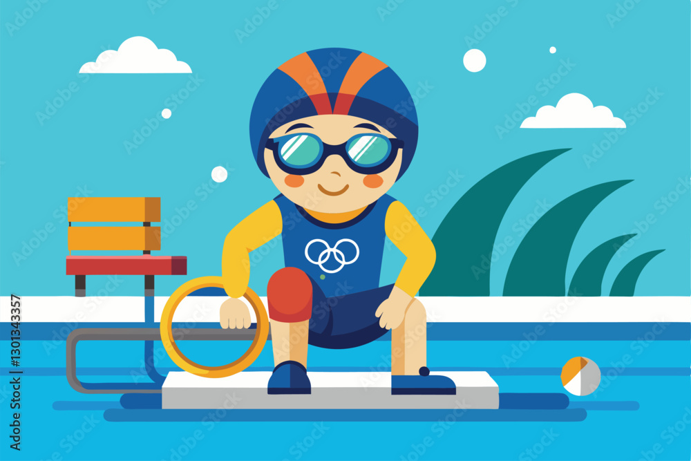 Naklejka premium A cartoon swimmer readies for action at a swimming pool, showcasing enthusiasm for the sport, Paralympic swimming Customizable Cartoon Illustration