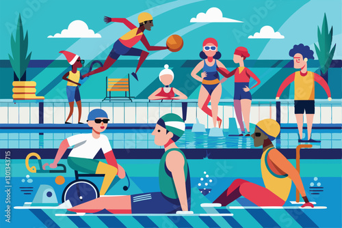 Athletes of varying abilities participate in a spirited paralympic swimming event amid lively surroundings, Paralympic swimming Customizable Disproportionate Illustration