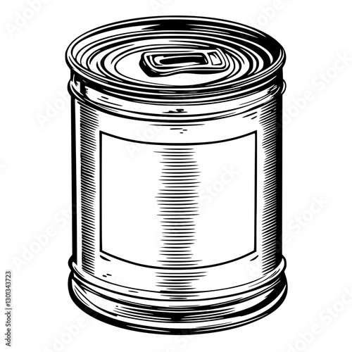 Vector engraved illustration of a cylindrical can for product design showcasing detailed line work and vintage aesthetic