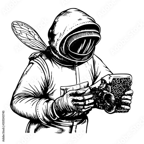 Vector engraved illustration of a beekeeper examining honeycomb with protective gear in a field during daytime
