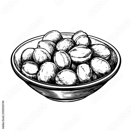 Engraved vector illustration of a bowl filled with assorted nuts for product design and branding applications