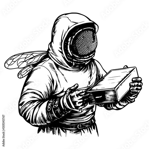 Unique vector engraved illustration of a beekeeper holding a wooden beeswax frame in a floral environment