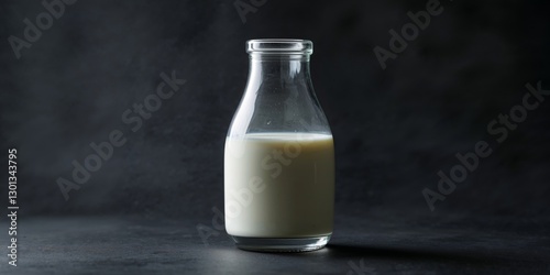 Glass Bottle Filled with Fresh Milk on Black Background