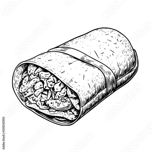 Vector engraved illustration of a wrapped burrito filled with meat and vegetables for culinary design projects