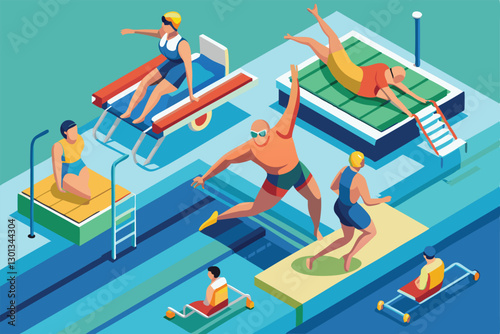 Athletes engage in various activities at a paralympic swimming venue, showcasing diverse abilities and teamwork, Paralympic swimming Customizable Isometric Illustration