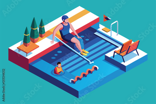 An isometric illustration showcases paralympic swimmers at an adaptive aquatic center, depicting accessibility, Paralympic swimming Customizable Isometric Illustration