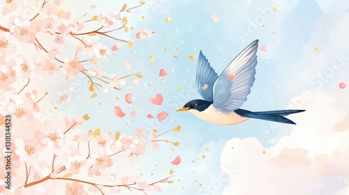 Flying birds and cherry blossoms