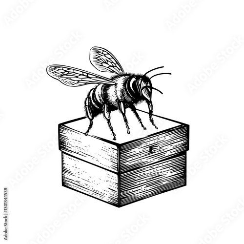 Vector engraved illustration of a bee on a wooden box for product design