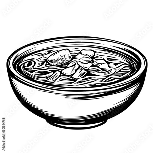 Engraved vector illustration of a hearty bowl of noodle soup with chunks of meat and fresh herbs