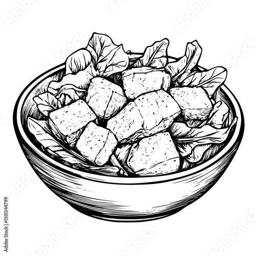 Vector engraved illustration of a healthy salad bowl featuring fresh greens and tofu cubes