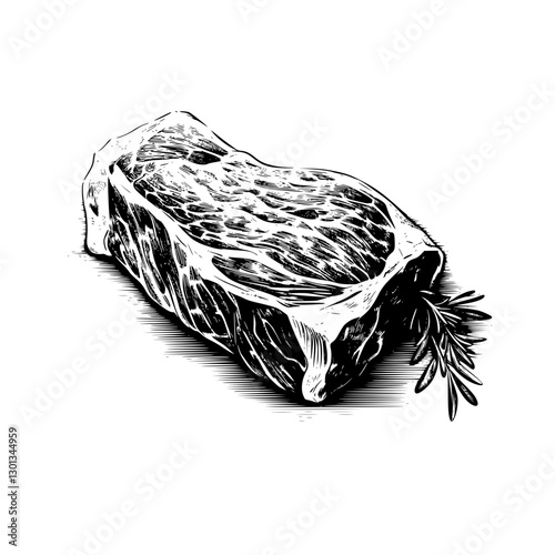 Detailed vector engraved illustration of a raw meat cut with fresh herbs for culinary design