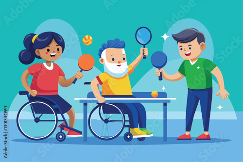 Players in wheelchairs engage in a thrilling table tennis game, showcasing determination and skill, Paralympic table tennis Customizable Disproportionate Illustration