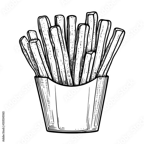 Vector engraved illustration of French fries in a paper cup for food product design