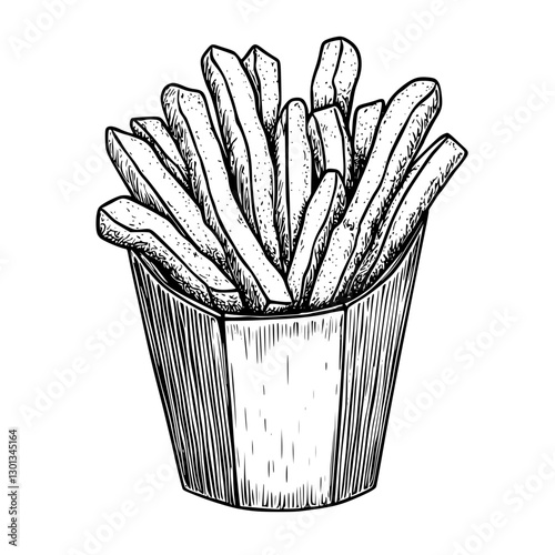 Vector engraved illustration of crispy French fries in a paper cup for food and restaurant design