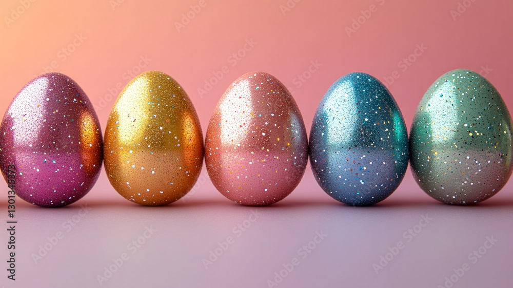A row of colorful eggs with glitter on them A row of colorful eggs with glitter on them