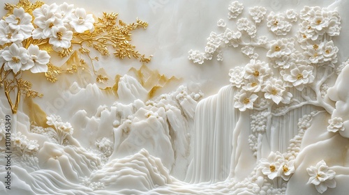 White marble landscape with gold trees and floral accents. Asia and Japanese culture Sakura Wallpaper AI generated image