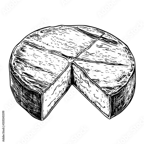 Vector engraved illustration of a cheese wheel with a slice removed for culinary product design