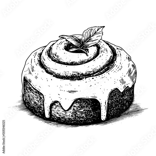 Detailed vector engraving of a sweet pastry topped with cream and a mint leaf for product design inspiration