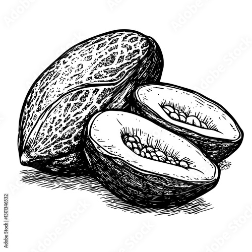 Vector engraved illustration of a cacao pod and seeds for product design and culinary applications