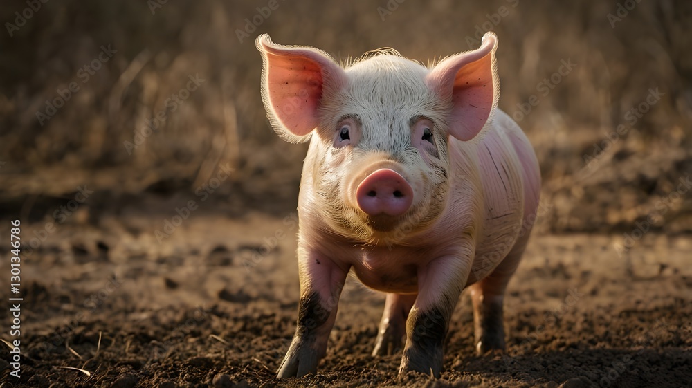 Cute Young Pig Standing on Muddy Ground in Natural Farm Setting Cute Young Pig Standing on Muddy Ground in Natural Farm Setting