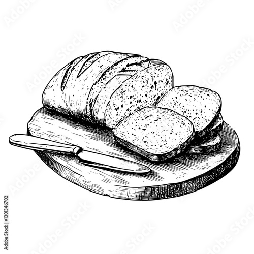 Vector engraved illustration of sliced bread on wooden cutting board with knife