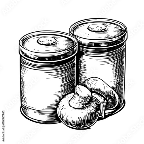 Engraved vector illustration of food storage cans with mushrooms for product design