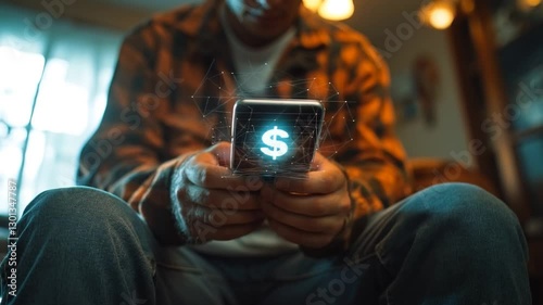 Man holding phone with dollar glowing sign