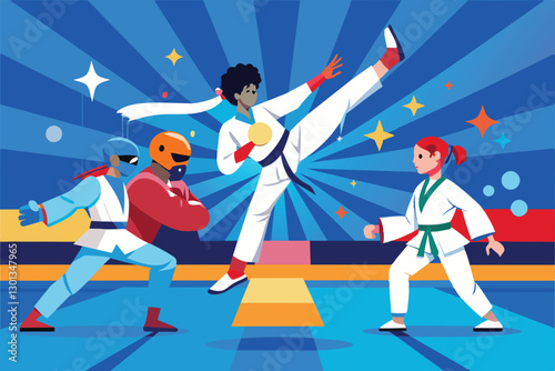 Paralympic taekwondo athletes showcase their skills with dynamic movements and vibrant backgrounds, Paralympic taekwondo Customizable Flat Illustration