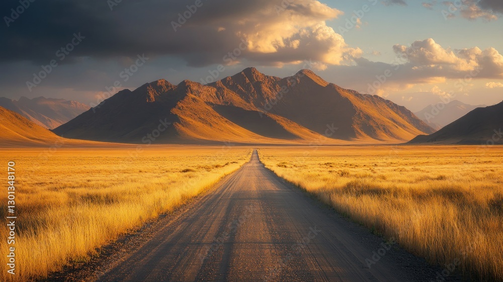 An empty gravel road leading towards distant mountain peaks An empty gravel road leading towards distant mountain peaks