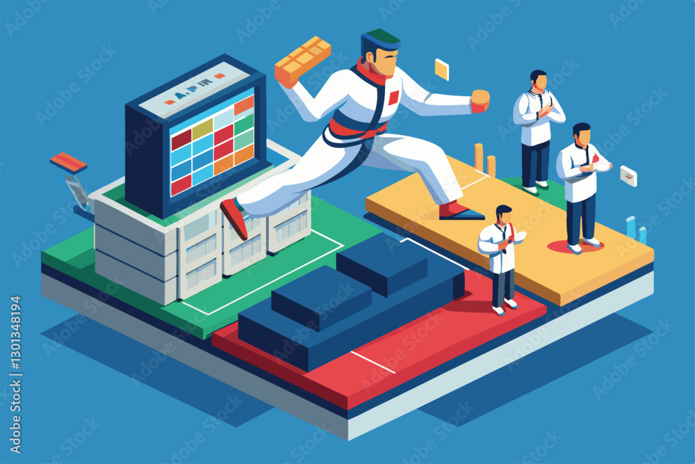 A dynamic paralympic taekwondo athlete leaps forward, showcasing skills in a vibrant, customizable space, Paralympic taekwondo Customizable Isometric Illustration A dynamic paralympic taekwondo athlete leaps forward, showcasing skills in a vibrant, customizable space, Paralympic taekwondo Customizable Isometric Illustration