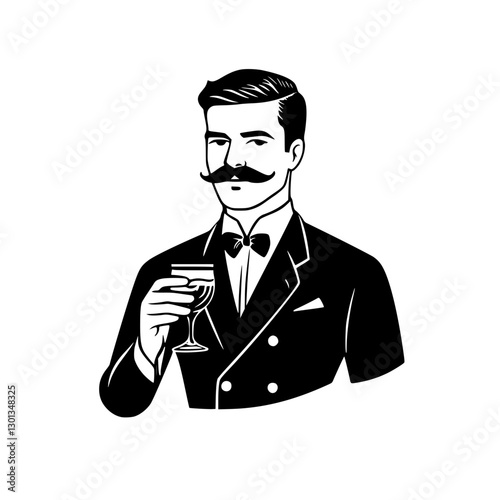 Elegant man with mustache enjoying a cocktail wearing formal attire in a vintage style illustration