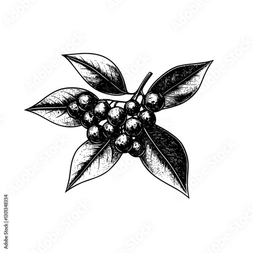 Vector engraved illustration of botanical design featuring berries and leaves for product applications