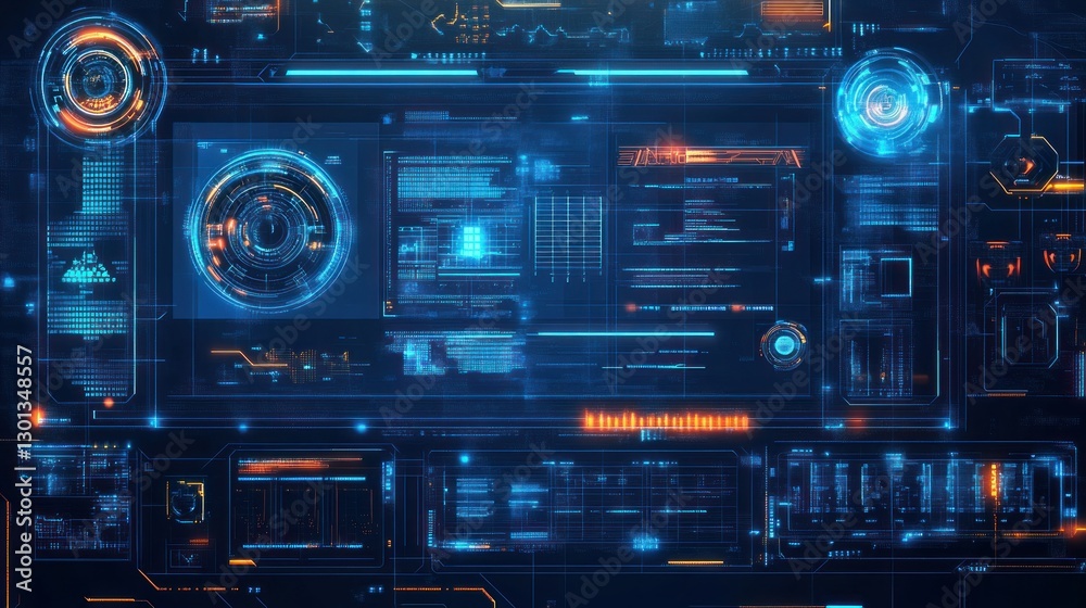 Futuristic digital interface displaying data in multiple circular and rectangular panels Futuristic digital interface displaying data in multiple circular and rectangular panels