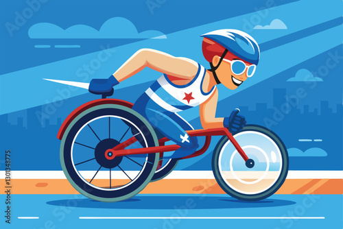 A male triathlete rides a racing handcycle, celebrating his determination and spirit in a colorful urban setting, Paralympic triathlon Customizable Cartoon Illustration