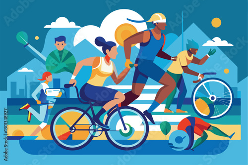 Athletes participate in a vibrant triathlon race with cycling, running, and swimming events displayed, Paralympic triathlon Customizable Disproportionate Illustration