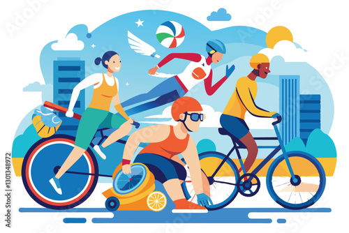 Athletes of diverse abilities compete in a triathlon, showcasing teamwork and determination in an urban environment, Paralympic triathlon Customizable Disproportionate Illustration