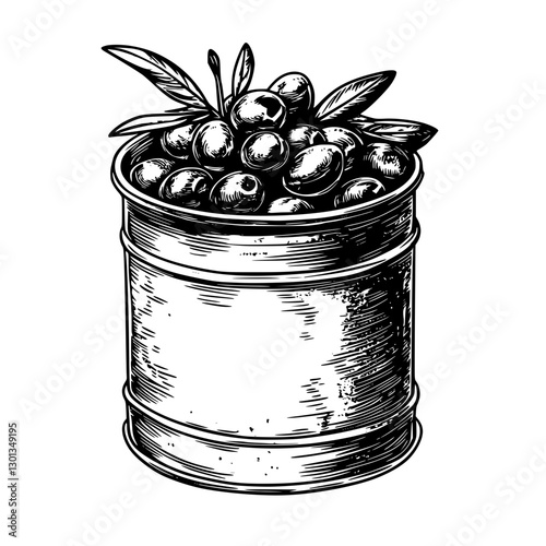 Engraved vector illustration of a tin container filled with olives and leaves for product design