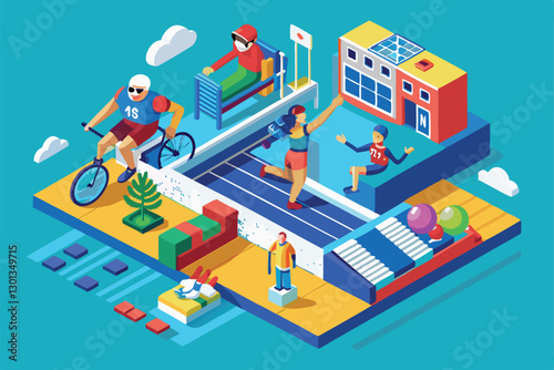 Athletes compete in a triathlon, highlighting cycling, running, and diverse training for paralympic sports, Paralympic triathlon Customizable Isometric Illustration