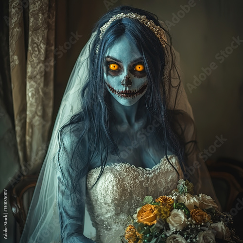 A beautiful blue-skinned zombie bride with yellow eyes 