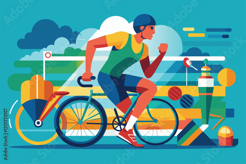 A triathlon athlete trains on a bicycle, surrounded by a vibrant backdrop of abstract shapes and colors, Paralympic triathlon Customizable Semi Flat Illustration