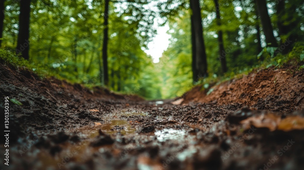 Close-up of mud and sand on the ground in the forest. An off-road motorcycle track on the ground with mud and trees in the background. Close-up of mud and sand on the ground in the forest. An off-road motorcycle track on the ground with mud and trees in the background.