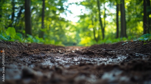 Close-up of mud and sand on the ground in the forest. An off-road motorcycle track on the ground with mud and trees in the background.