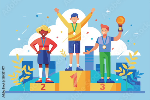 Athletes on a winners podium cheer in celebration after achieving podium finishes in a recent paralympic event, Paralympic winners podium Customizable Flat Illustration