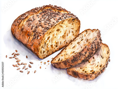 bread, whole grain, seeded bread, multigrain, loaf, sliced bread, bakery, artisanal, handmade, rustic, watercolor, digital painting, food illustration, artistic, hand-drawn, food art, organic, fresh, 