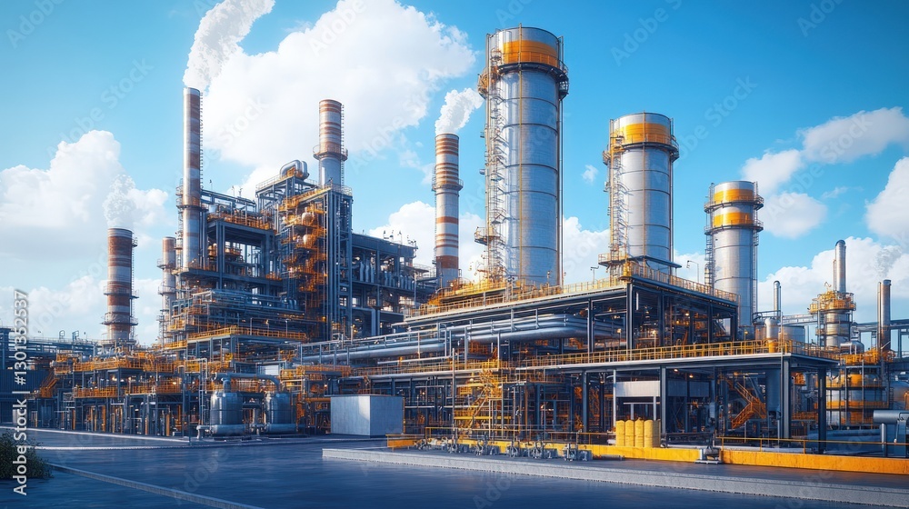 A large industrial complex with tall smokestacks and various pipes and equipment, set against a bright blue sky. A large industrial complex with tall smokestacks and various pipes and equipment, set against a bright blue sky.