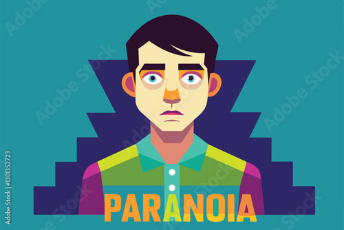 A man displays emotions of paranoia against a colorful geometric backdrop, creating a striking impression, Paranoia Customizable Disproportionate Illustration
