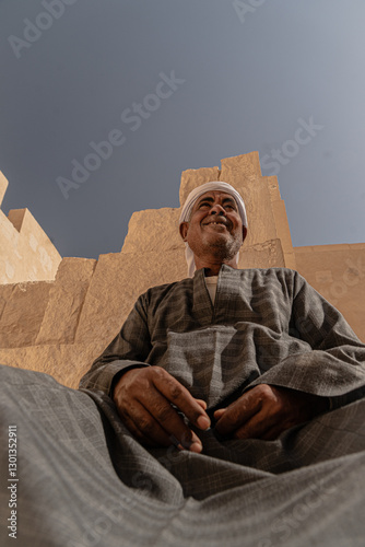Photo of an Arab man wearing a white turban and traditional clothing with traditional patterns, smiling as he poses for the photo. Travel to Egypt. Valley of the Kings